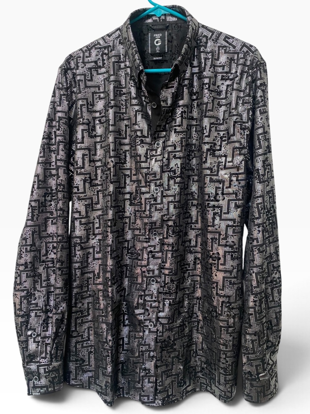 Fried Denim Black Silver Metallic Print Button Down Shirt Mens XL Slim Fit